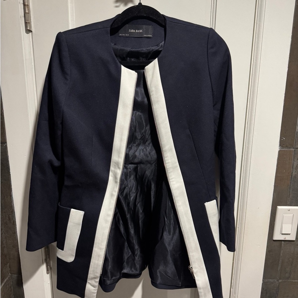 Zara Navy and White Zip Jacket Work Blazer Size Small